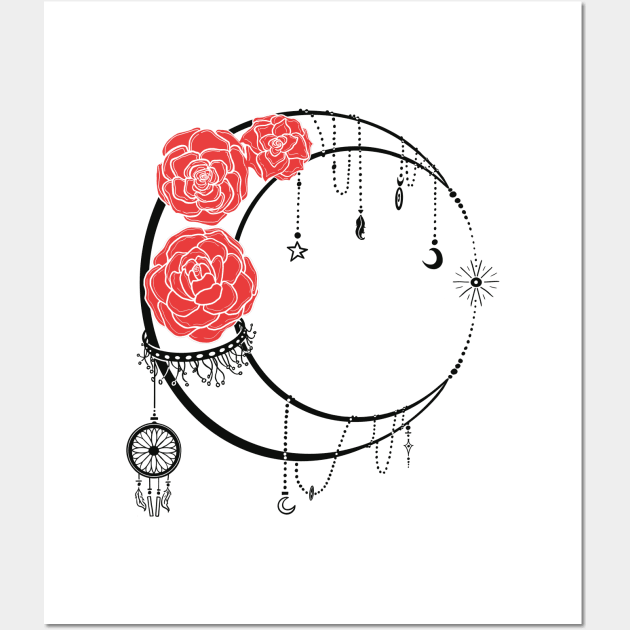 Ligh Moon with Transparent lines Red Roses Tattoo Wall Art by Kalma Kun